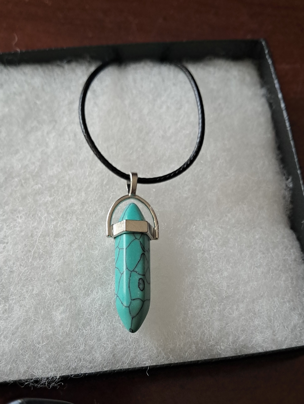Turquoise Point Pendant Necklace - Teal Stone on Black Cord HANDMADE